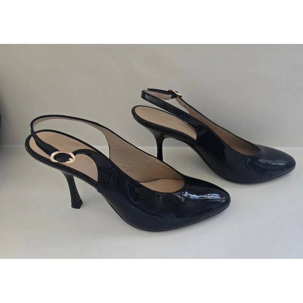 NWOB Stuart Weitzman Black Patent Leather Slingback Pumps  Made‎ in Spain 6.5B